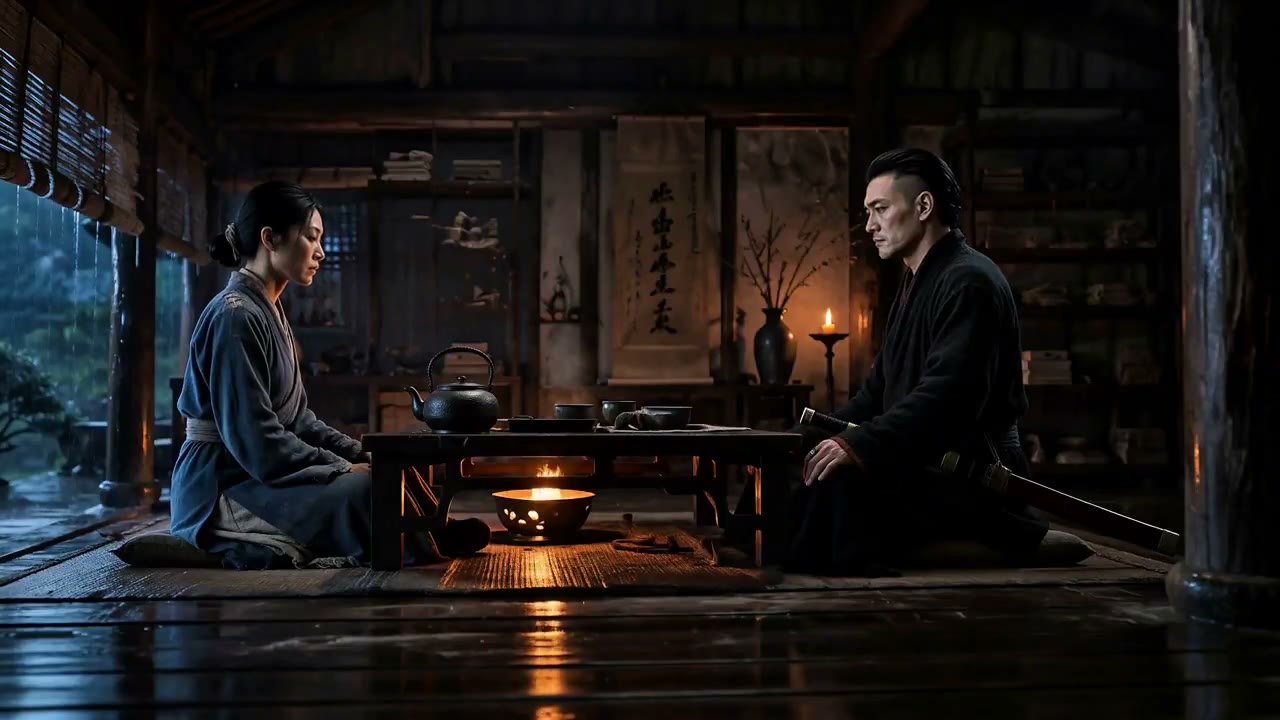 Woman and man seated across a low table in Emily's Hailuo H3 wuxia scene